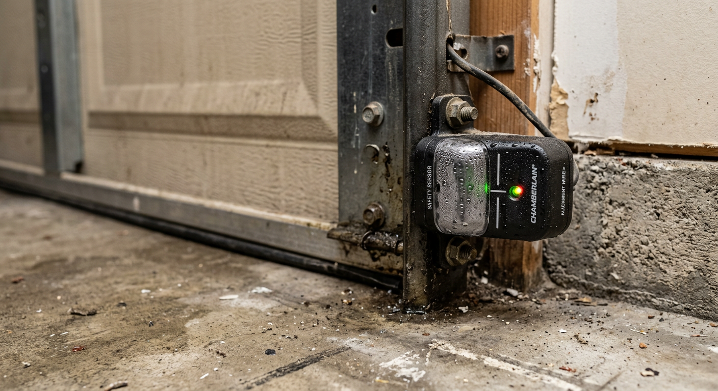 Garage door photo-eye sensors with winter condensation and alignment checks