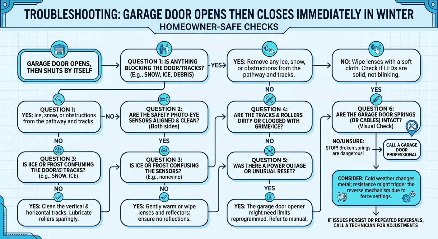 Winter garage door troubleshooting flowchart with safe homeowner decision points