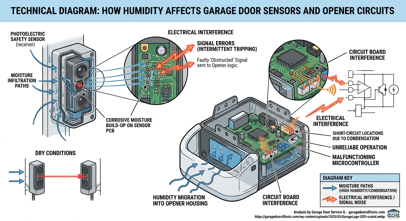 Technical diagram showing humidity effects on garage door sensors and opener circuits