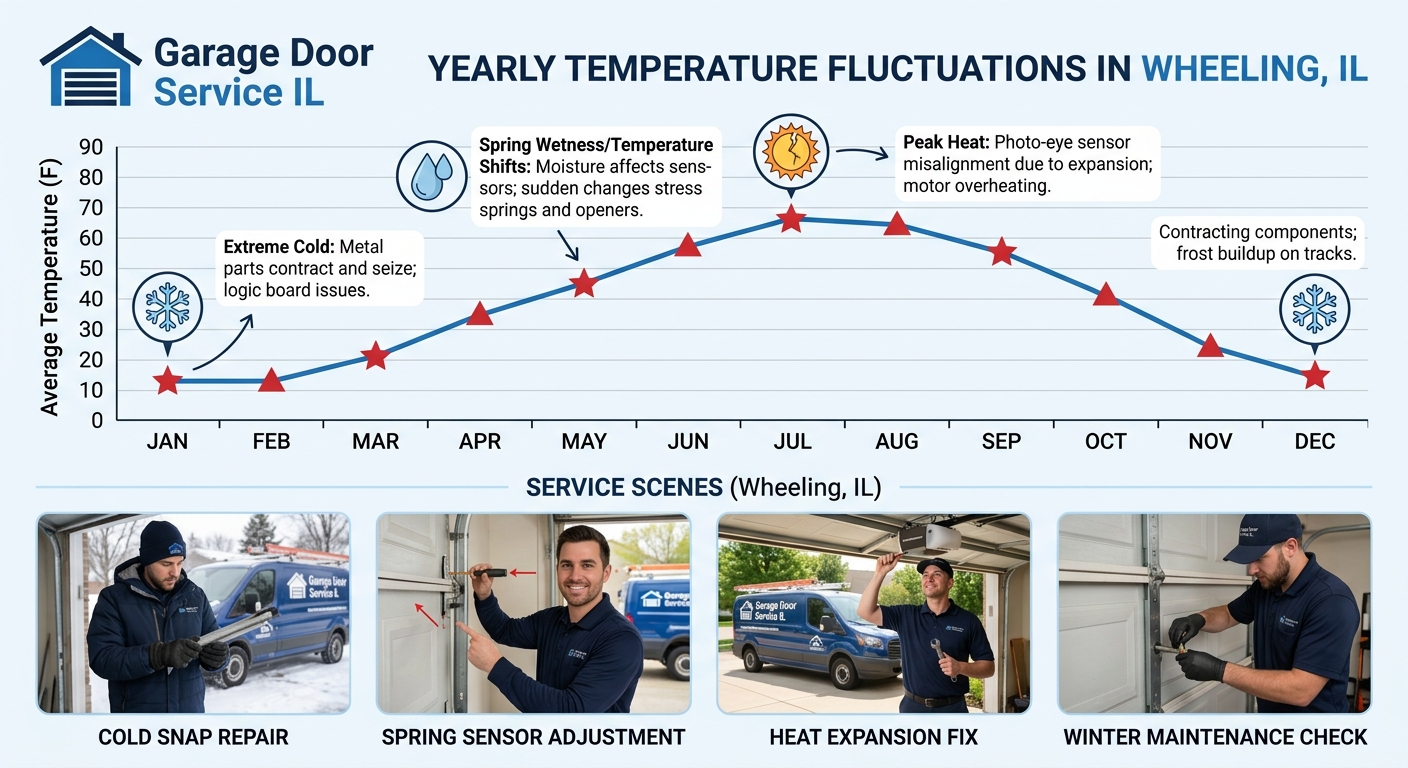 Temperature fluctuation chart for Wheeling IL showing garage door malfunction periods
