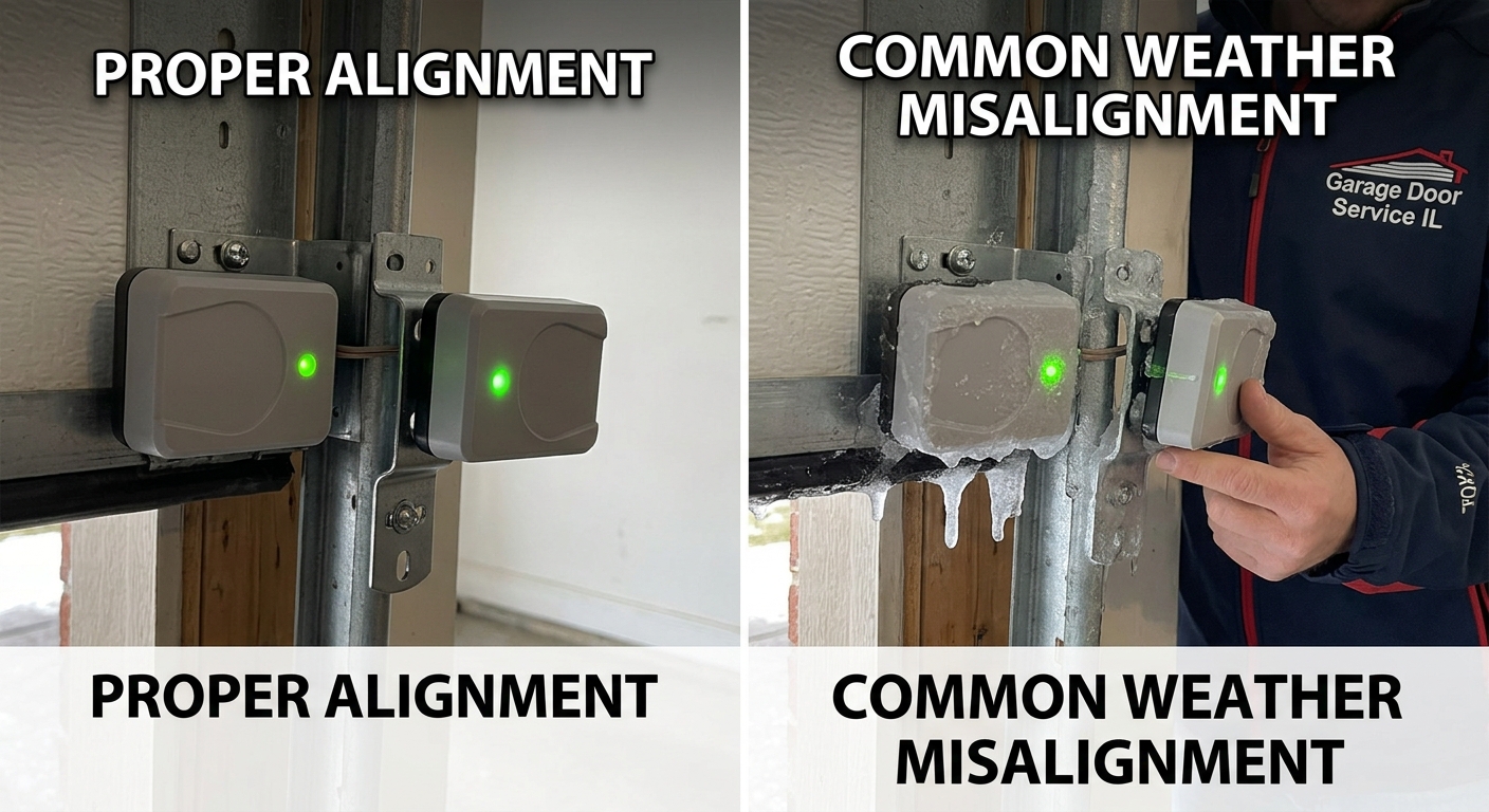 Close-up of garage door safety sensors showing proper alignment and weather-related misalignment