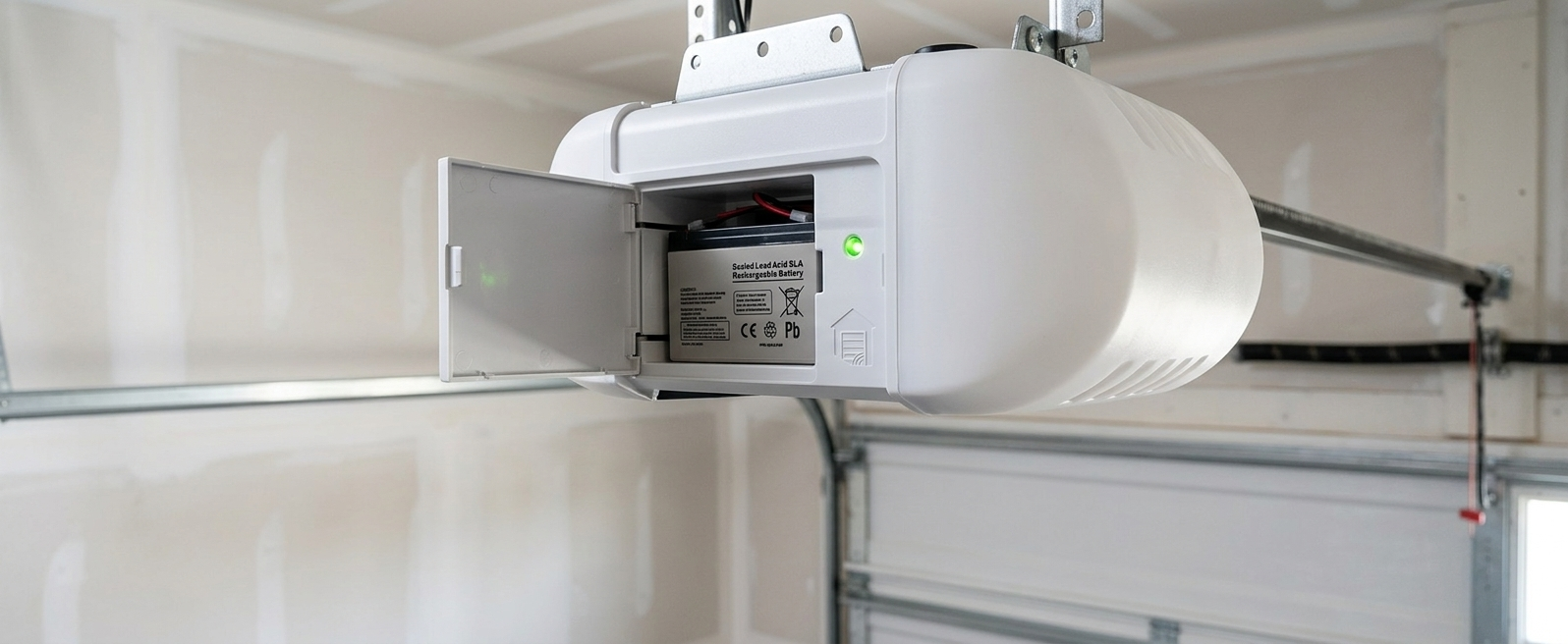 Close-up of a ceiling-mounted DC garage door opener powerhead with the integrated battery backup compartment open showing the rechargeable battery