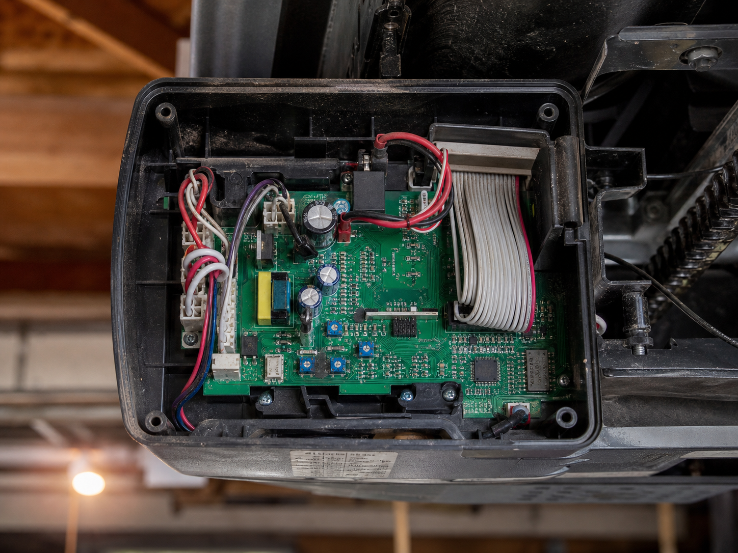Close-up of an opened garage door opener housing showing the green logic board and wiring connectors