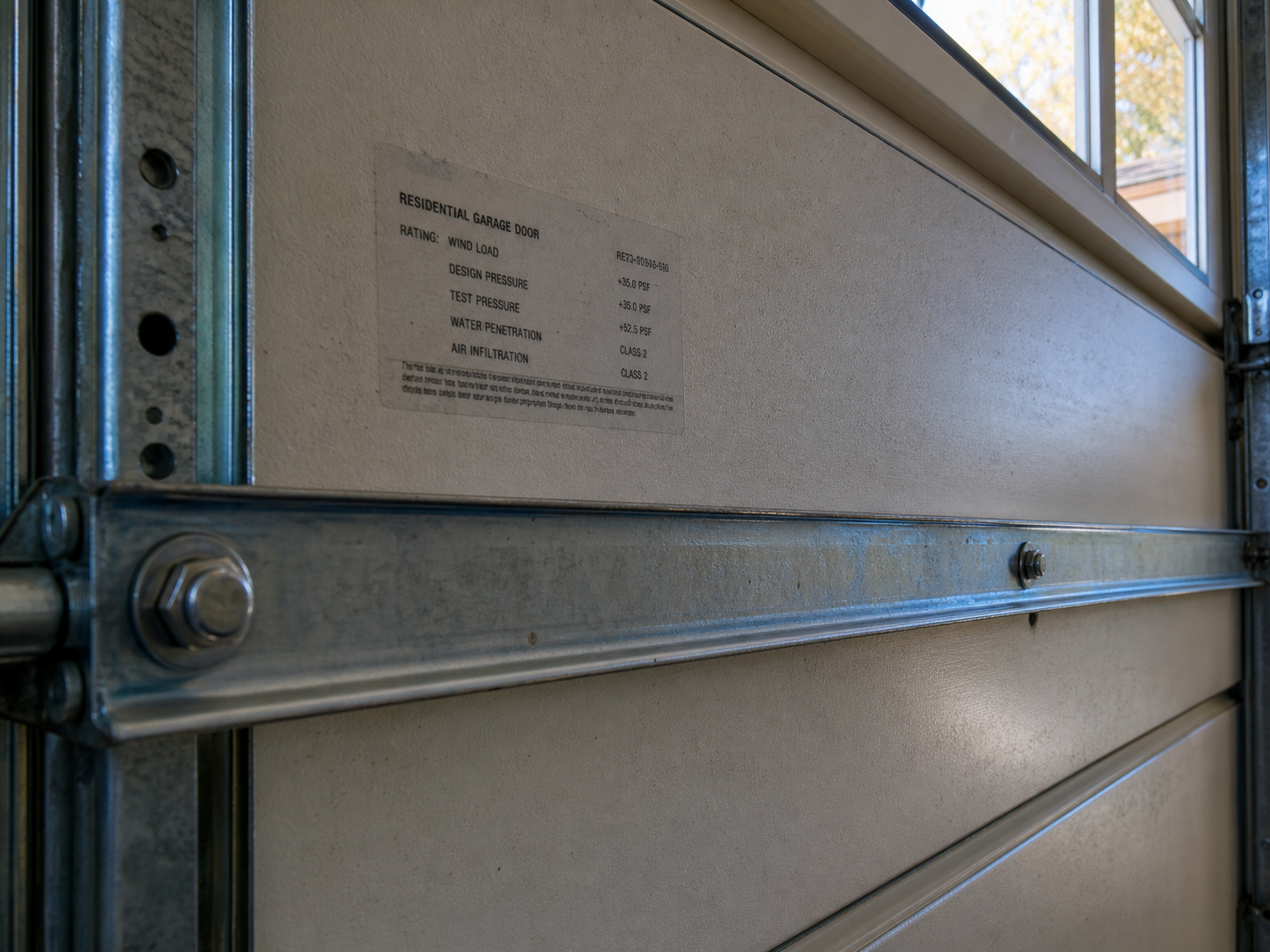 Close-up of a manufacturer wind-load rating label and a horizontal steel reinforcement strut bolted across the inside of a garage door panel