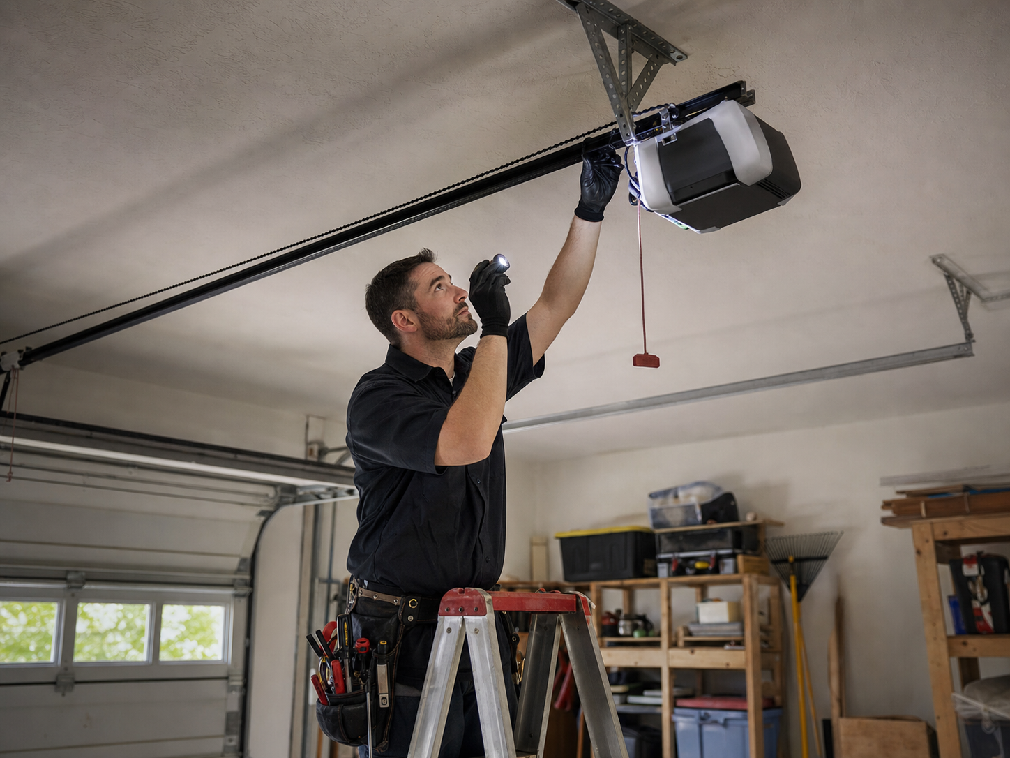 Garage door technician adjusting travel limit and force setting on a LiftMaster chain-drive opener mounted on the opener rail in a residential garage in Wheeling, Illinois