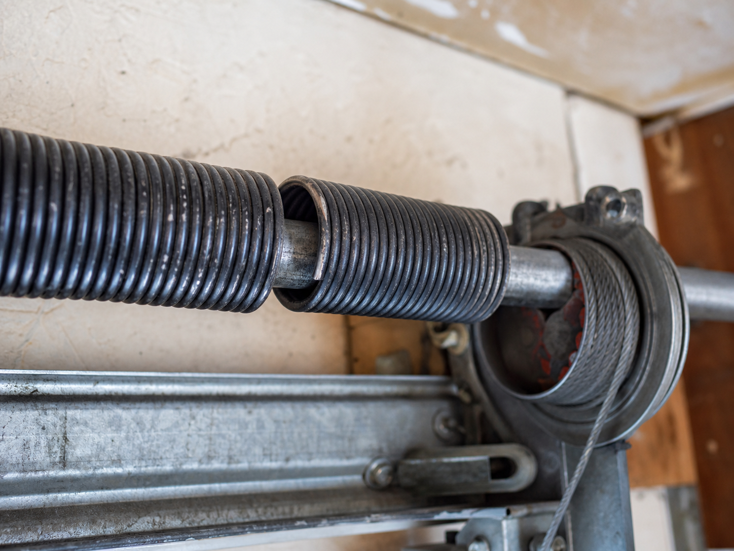 Close-up of a snapped torsion spring on the steel shaft above a garage door, with the lift cable wrapped on the drum beside it