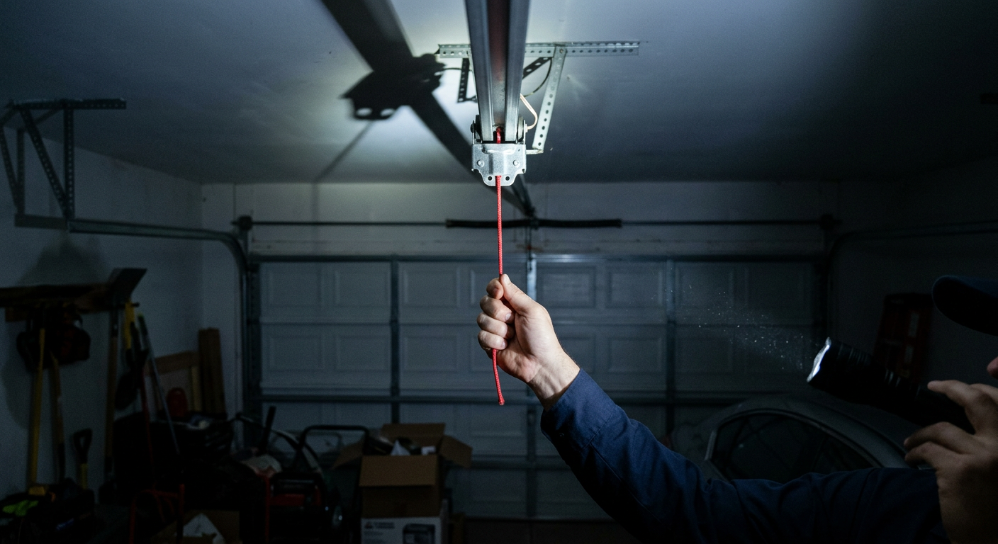 Technician pulling the red manual release cord on a garage door opener rail in a dim garage lit by a flashlight during a power outage