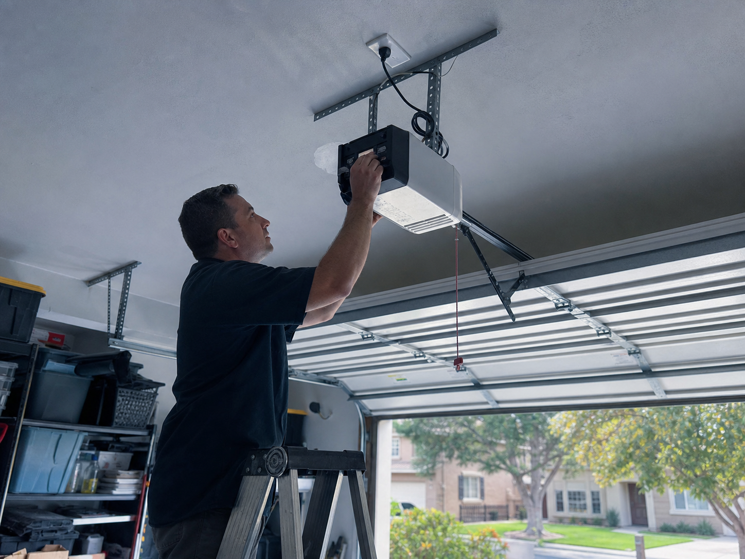 A garage door technician on a step ladder reaching up to the ceiling-mounted opener motor head to check the travel limit setting