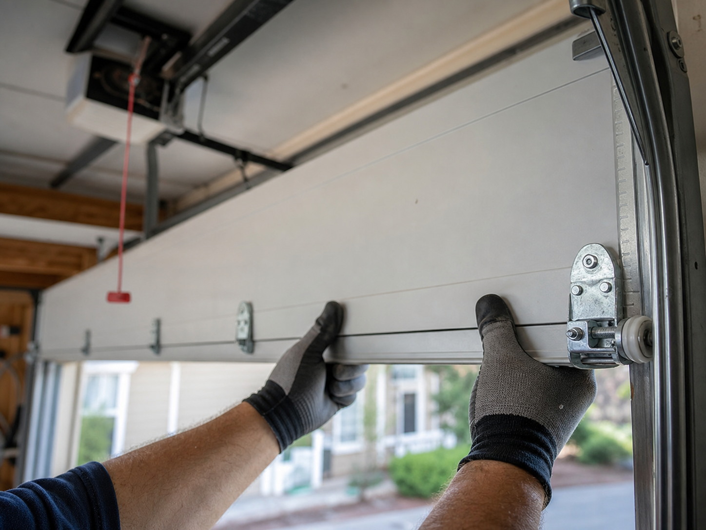 A technician's gloved hands steadying the top section of an open residential garage door, with the opener rail and red manual-release cord visible overhead