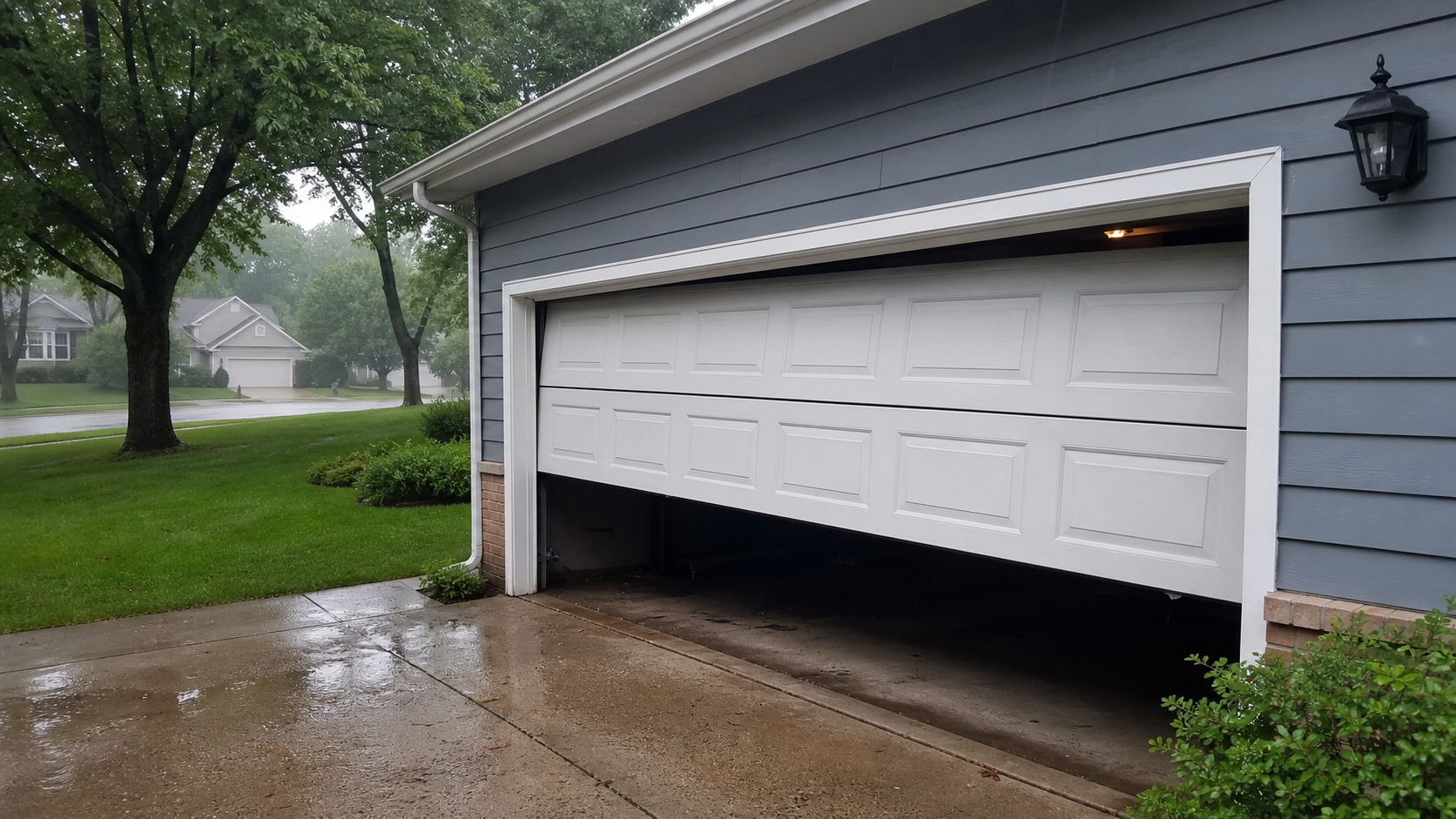 Residential garage door on a humid summer morning in a north suburbs Illinois neighborhood, door partially open showing signs of humidity-related sticking