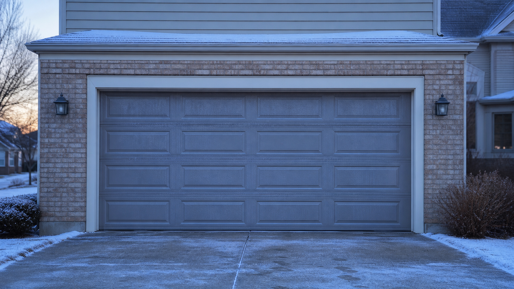 Frost-covered two-car residential garage door at first light on a Wheeling, Illinois driveway