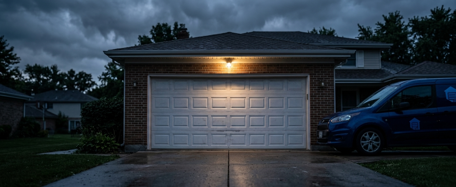Brick home in Wheeling, Illinois at dusk during a summer storm with the closed garage door lit and centered in the frame