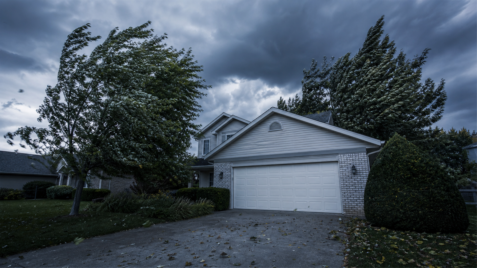 Wide view of a suburban Wheeling Illinois two-car garage under a dark overcast pre-storm sky with mature trees bending in strong wind