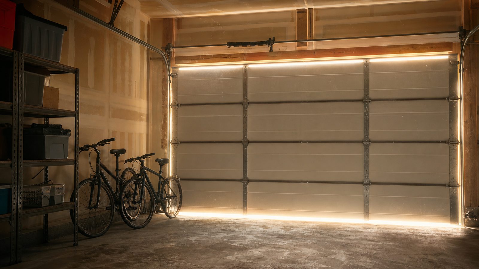 Interior of a hot attached garage in summer, sunlight glowing through the gaps around a closed sectional door onto bikes and shelving