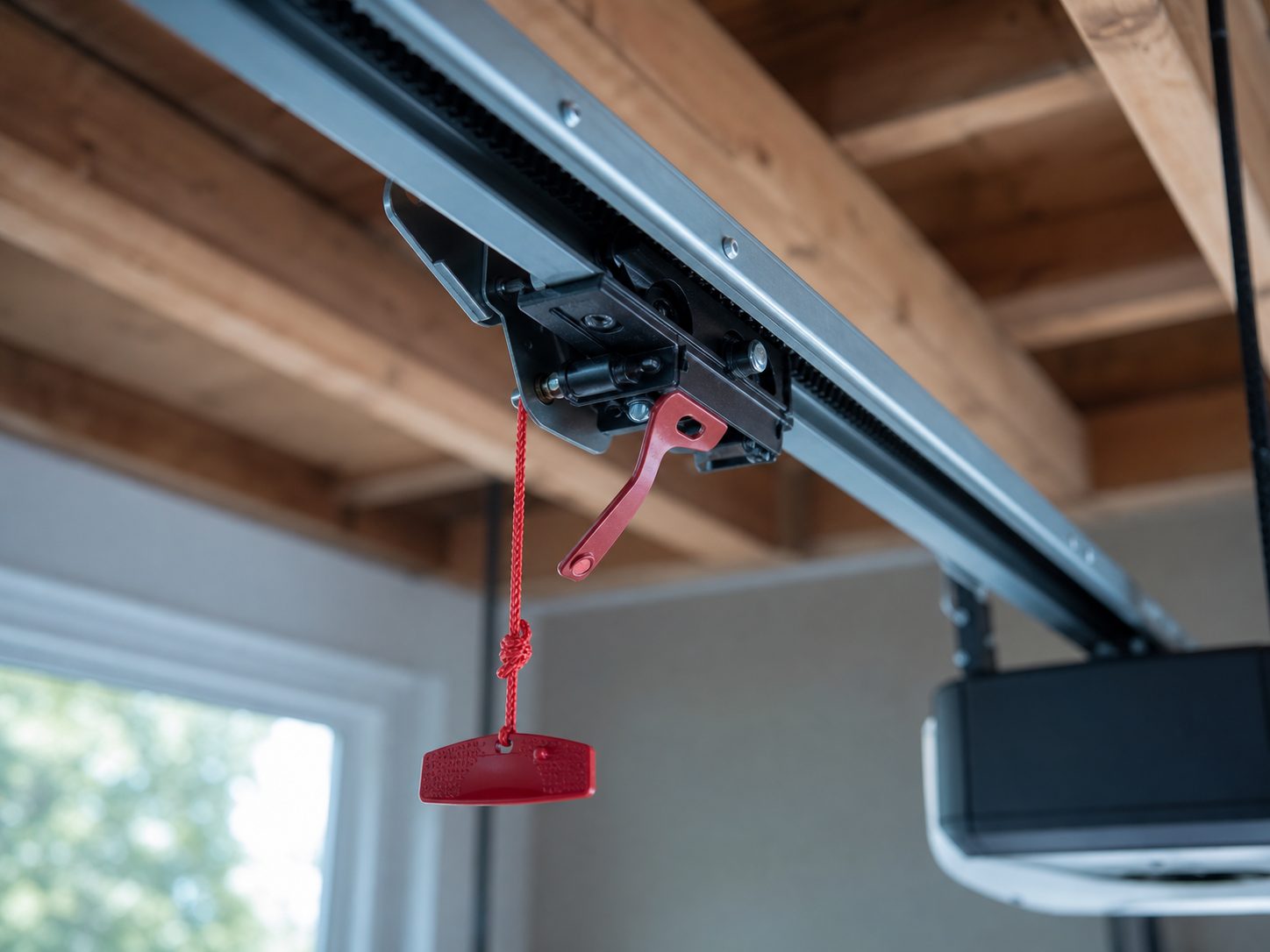 Close-up of a garage door opener trolley and the red manual release cord hanging from the opener rail, with the release lever in the disconnected position