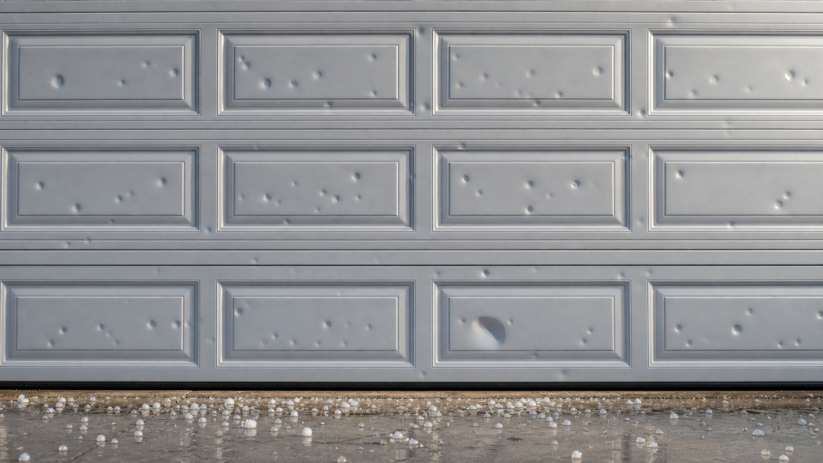 Hail-dented steel garage door on a suburban Chicagoland home with melting hail on the driveway after a spring storm