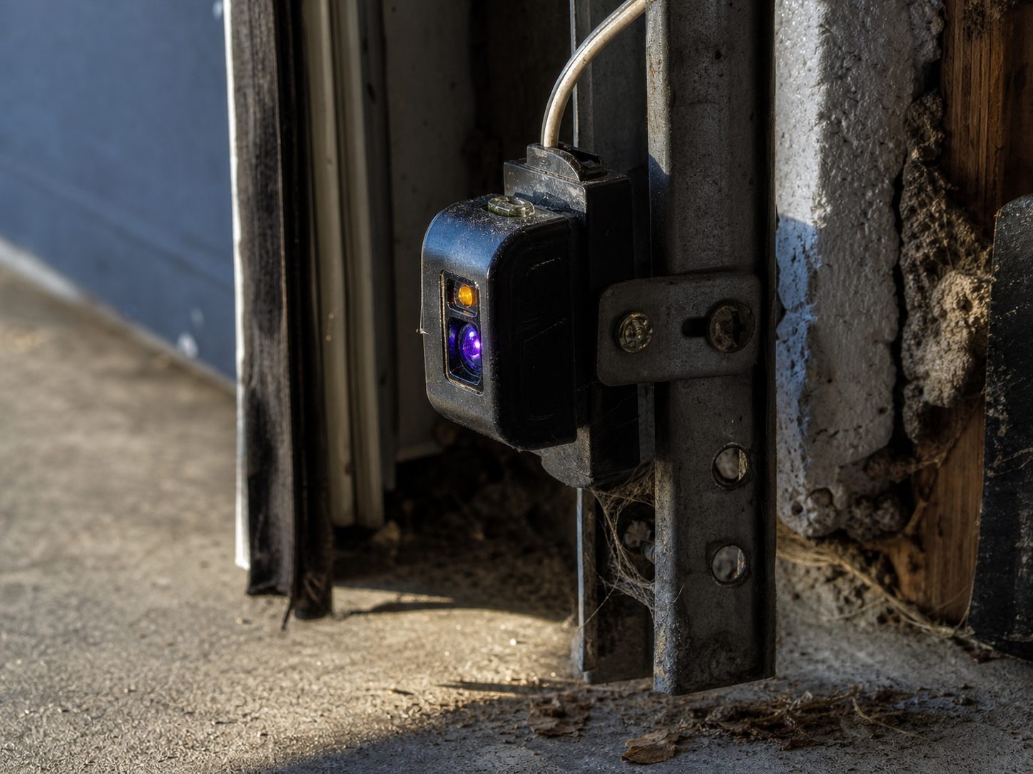 Close-up of a garage door safety photo eye sensor mounted low on the vertical track, low sunlight glancing across its small lens and indicator light