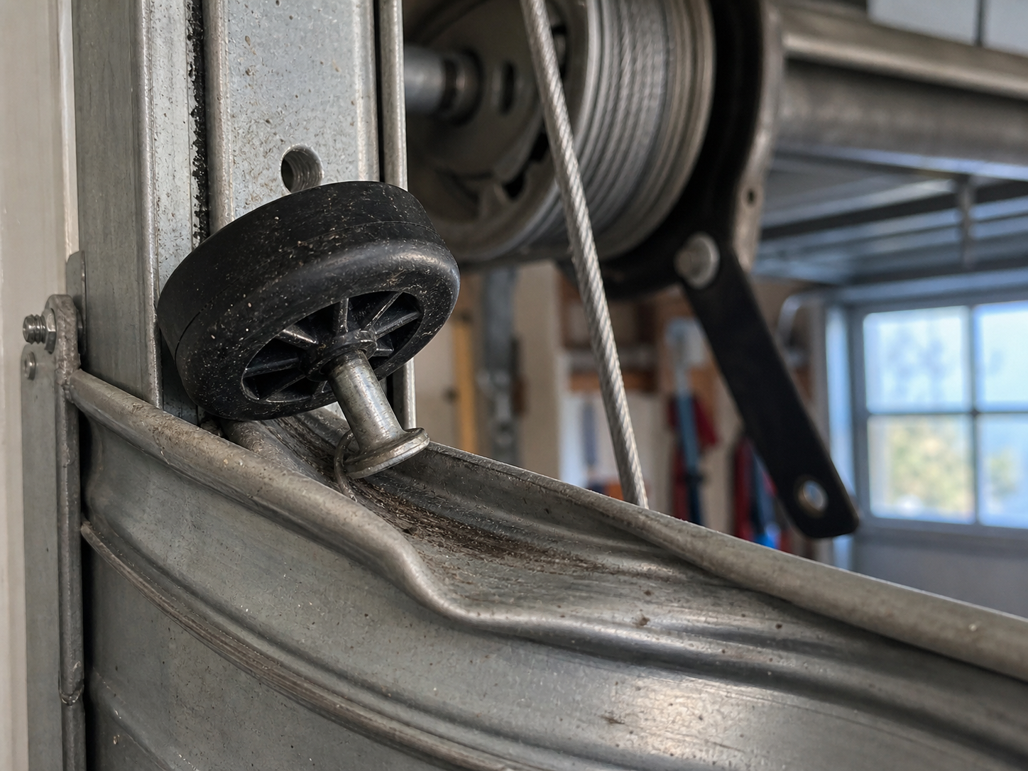 Close-up of a garage door roller pushed out of a bent horizontal track
