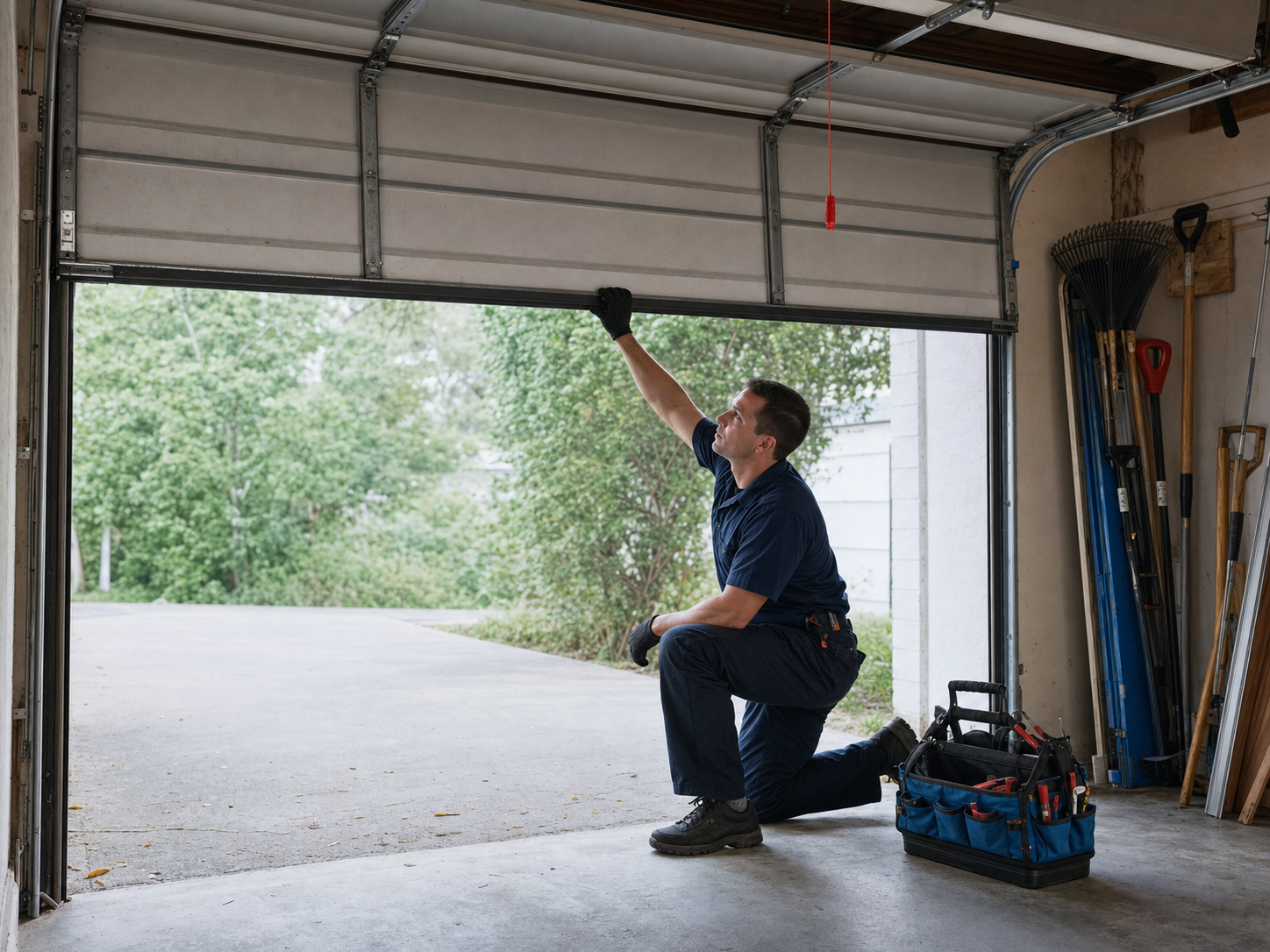 Garage door technician kneeling beside an open door running a manual balance test with one hand under the panel, opener disconnected