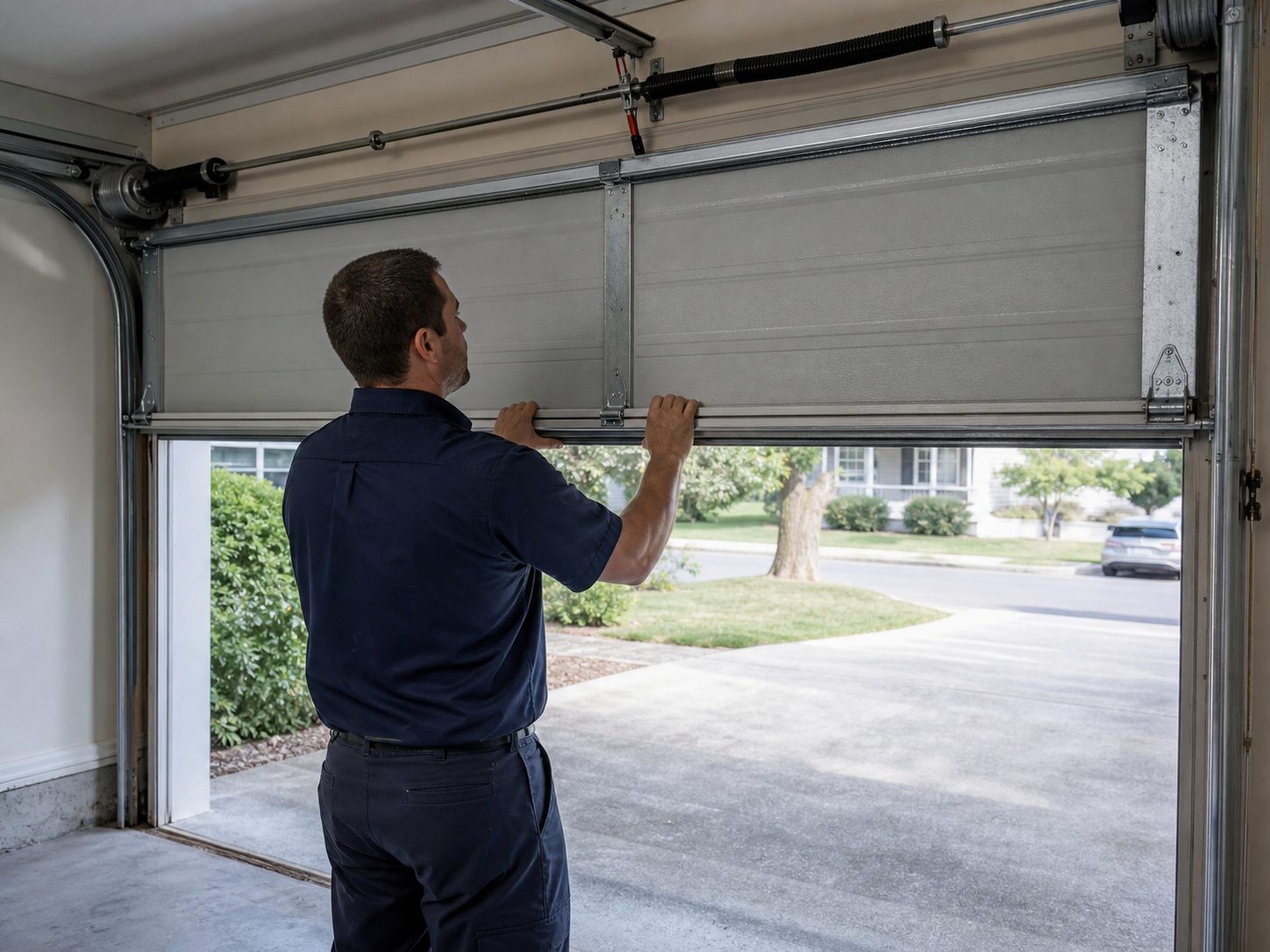A garage door technician lifting a closed garage door by hand to perform a balance test, checking whether the door holds position at waist height in a suburban Illinois garage