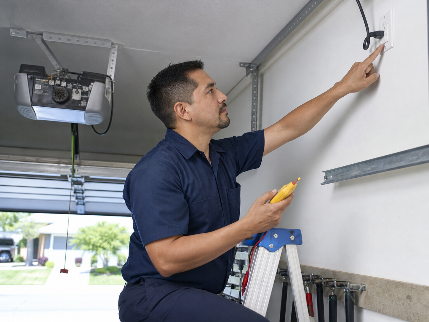 A garage door repair technician in a navy work shirt on a step ladder, reaching up to a GFCI outlet high on the garage wall while holding a yellow voltage tester