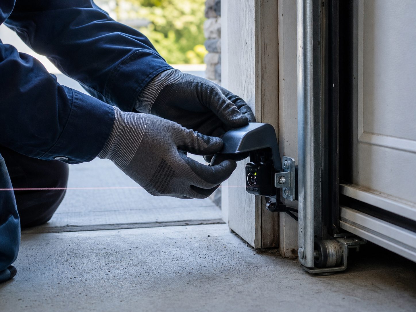A technician's hands fitting a small dark shade hood over a garage door safety sensor mounted on the track to block direct sunlight