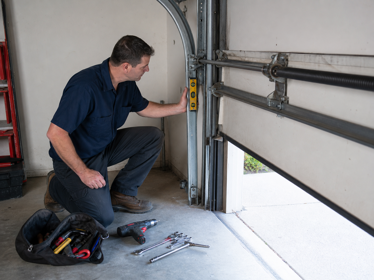 Garage door technician kneeling beside a partly open residential door, checking track and spring hardware with a level after a storm