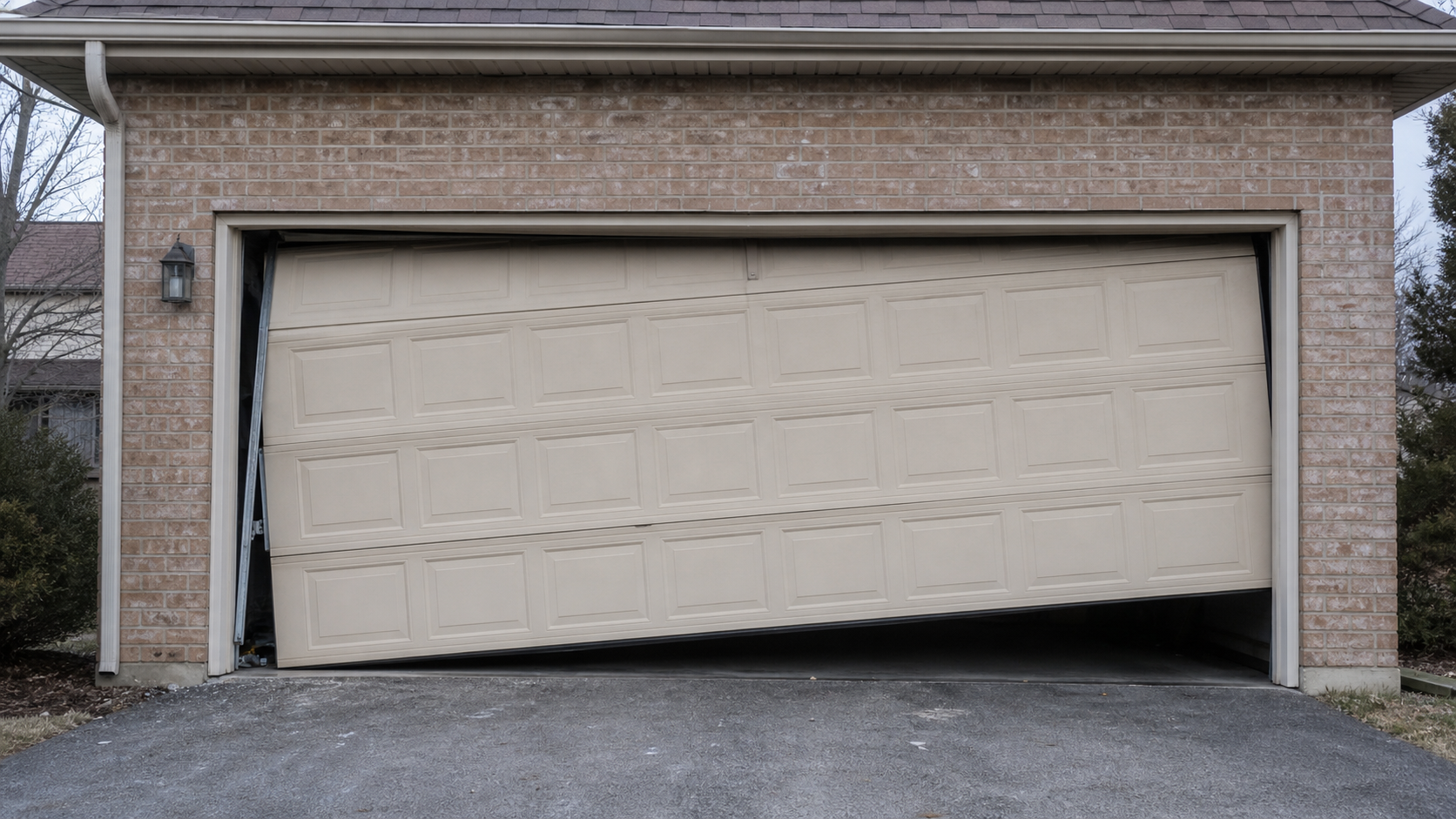 Residential two-car garage door hanging crooked on its frame with one side dropped out of the track on a suburban Illinois driveway