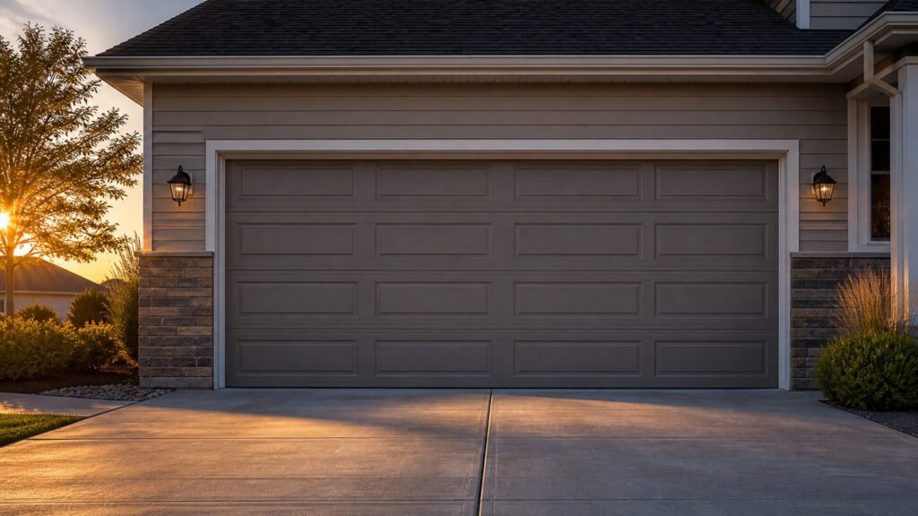 A closed two-car residential garage door on a suburban home lit by low golden late-afternoon sunlight, long shadows across the driveway
