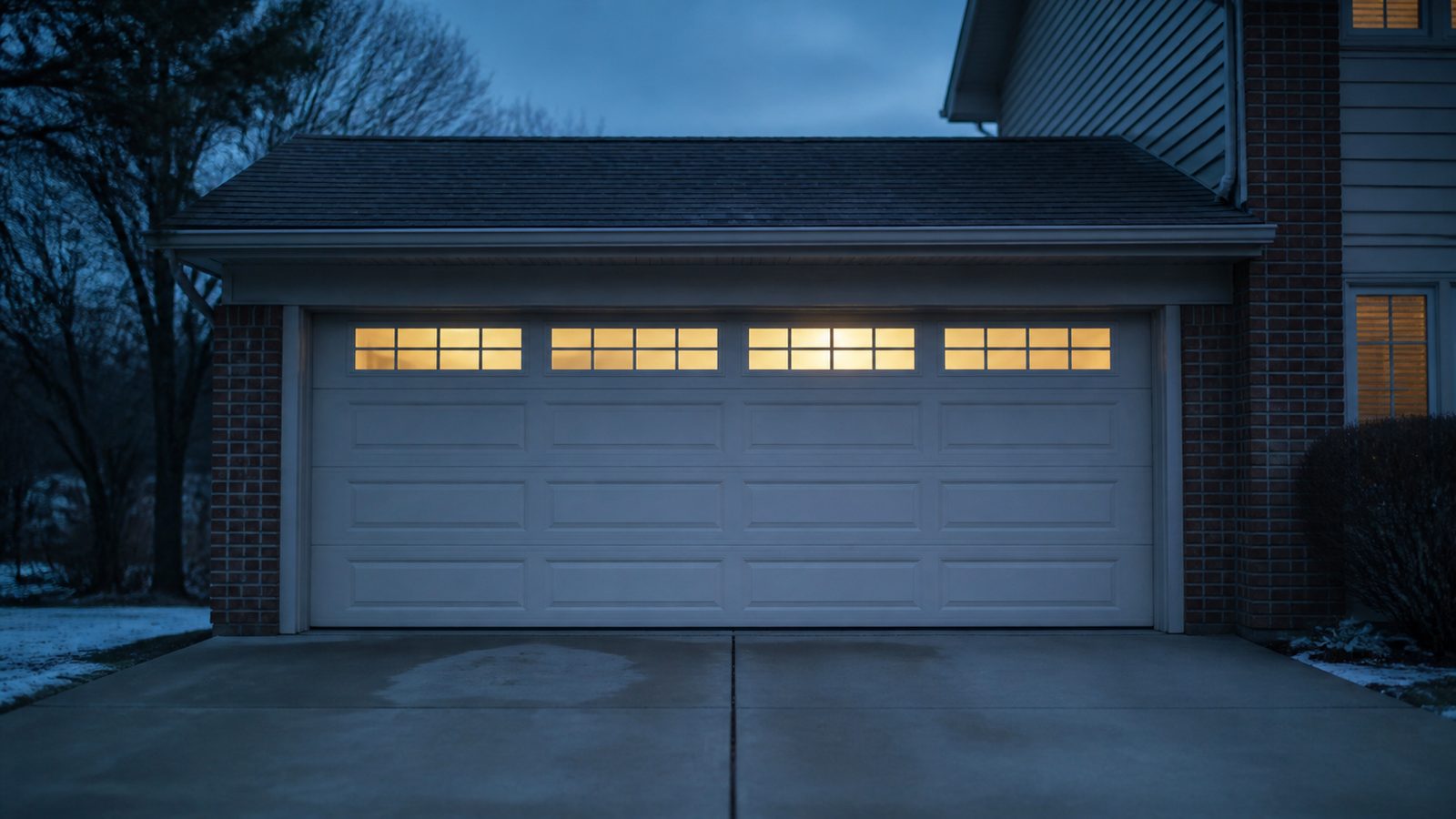 A closed residential garage door in a Wheeling, Illinois driveway at dusk with the opener light glowing through the window while the motor runs
