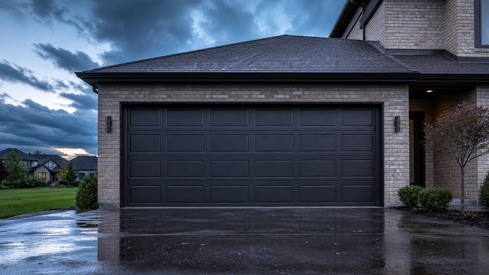 Suburban brick home with a closed two-car garage door under a dark, storm-lit sky just after a thunderstorm passed over Wheeling, Illinois