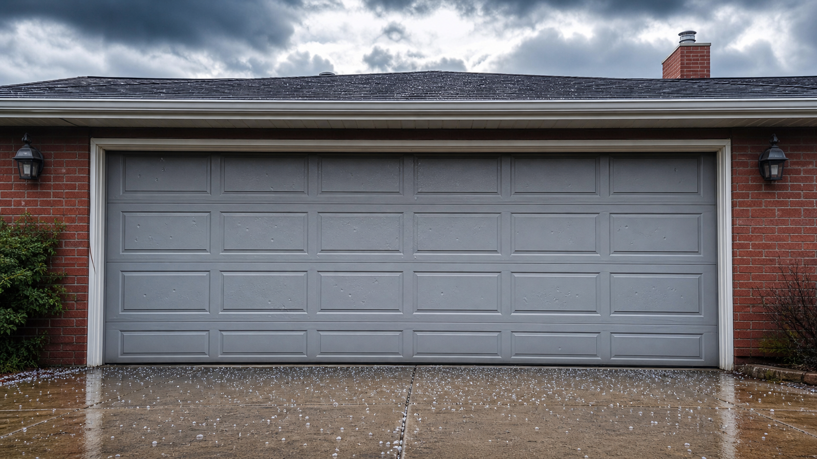 Hail-dented steel two-car garage door as the centered subject of a suburban Illinois home, clearing storm clouds behind and melting hail on the driveway