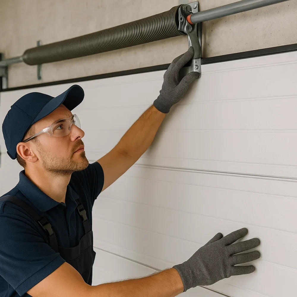 Technician checking balance of a garage door
