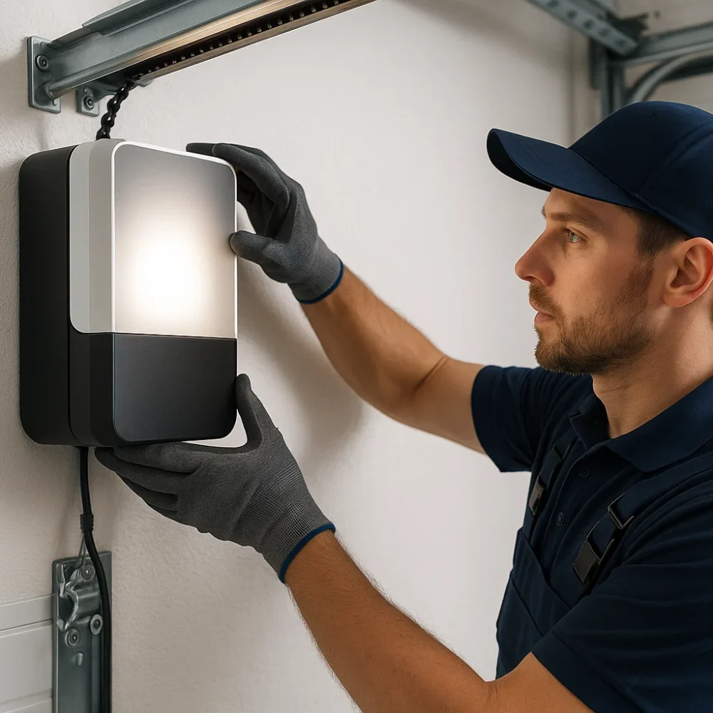 Technician in uniform installing modern opener