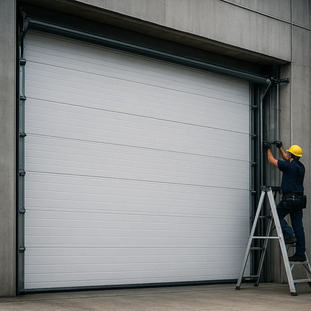 Technician working on a large commercial roll-up sectional door